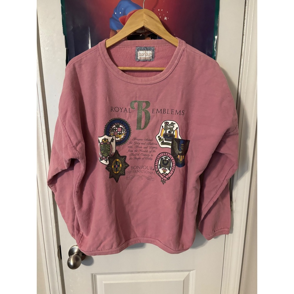 Bonjour International Royal Emblems Sweatshirt Pink Vintage Graphic Crewneck